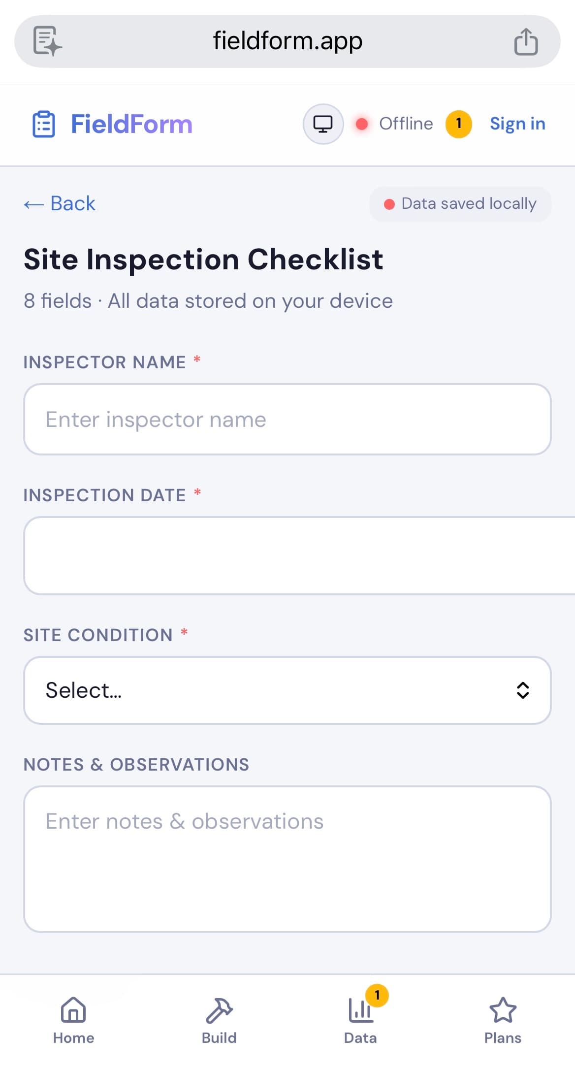 FieldForm form being filled on a mobile device
